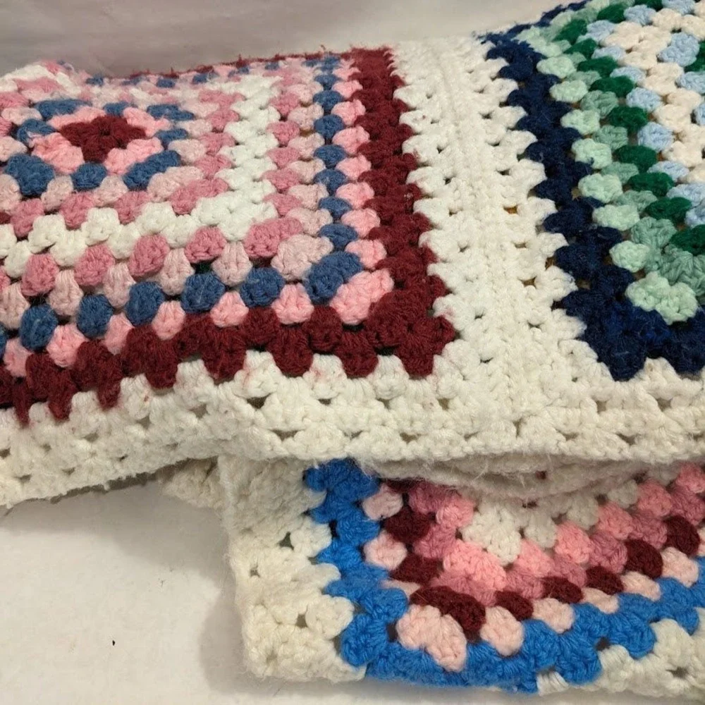 Vtg Handmade Crochet Granny Square Afghan Throw Blanket Multicolor Boho 52x84
